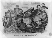 “Running the ‘Machine’”: An 1864 political cartoon featuring Lincoln; William Fessenden, Edwin Stanton, William Seward and Gideon Welles take a swing at the Lincoln administration