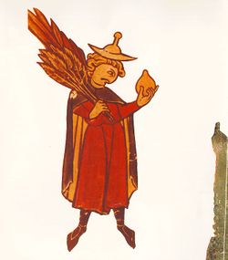 This figure, in a detail of a medieval Hebrew calendar, reminded Jews of the palm branch (Lulav), the myrtle twigs, the willow branches, and the citron (Etrog) to be held in the hand and to be brought to the synagogue during the holiday of sukkot, near the end of the autumn holiday season.