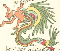 Quetzalcoatl depicted as a snake devouring a man, from the Codex Telleriano-Remensis.