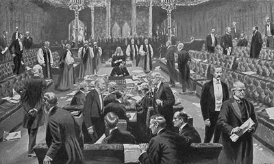 An important vote: the House of Lords voting for the 1911 Parliament Act. From the Drawing by S. Begg
