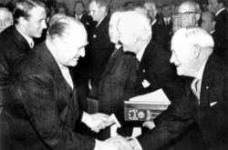 Peace Nobel Prize ceremony in 1963; From left to right: King Olav of Norway, ICRC President Leopold Boissier, League Chairman John A. MacAulay.(Picture from: www.redcross.int)
