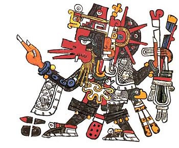 Quetzalcoatl in human form, using the symbols of Ehecatl, from the Codex Borgia.