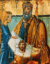 This 10th-century image shows Abgarus of Edessa displaying the Image of Edessa. The oblong cloth shown here is unusual for depictions of the image, leading some to suggest that the artist was influenced by seeing the Shroud.