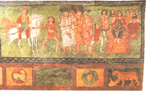 Scenes from the Book of Esther decorate the Dura-Europos synagogue dating from 244 CE