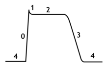 Phases of a cardiac action potential. The sharp rise in voltage ("0") corresponds to the influx of sodium ions, whereas the two decays ("1" and "3", respectively) correspond to the sodium-channel inactivation and the repolarizing eflux of potassium ions. The characteristic plateau ("2") results from the opening of voltage-sensitive calcium channels.
