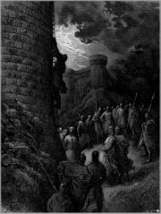 Bohemond of Taranto alone mounts the rampart of Antioch, in an engraving by Gustave Doré.