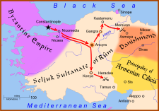 A map of western Anatolia, showing the routes taken by Christian armies during the Crusade of 1101.