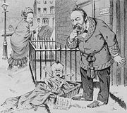 An 1881 Puck cartoon shows Garfield finding a baby at his front door with a tag marked "Civil Service Reform, compliments of R.B. Hayes". Hayes, his predecessor in the presidency is seen in the background dressed like a woman and holding a bag marked "R.B. Hayes' savings, Fremont, Ohio".