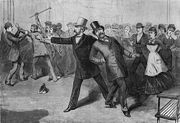 President Garfield with James G. Blaine after being shot by Charles Guiteau, as depicted in a period engraving from Frank Leslie's Illustrated Newspaper