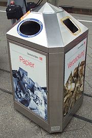 Recycling and rubbish bin in a German railway station.