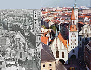 Bombing damage to the Altstadt. Note the roofless and pockmarked Altes Rathaus looking up the Tal. The roofless Heilig-Geist-Kirche is on the right of the photo. Its spire, without the copper top, is behind the church. The Talbruck gate tower is missing completely.
