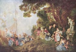 Pilgrimage to Cythera by Jean-Antoine Watteau, captures the frivolity and sensuousness of Rococo painting. (1721, Louvre)