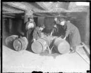 Prohibition agents destroying barrels of alcohol in Chicago, 1921