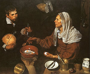 Vieja friendo huevos (1618, English: An Old Woman Frying Eggs). National Gallery, Edinburgh.