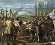La rendición de Breda (1634-1635, English: The Surrender of Breda) was inspired by Velázquez's first visit to Italy, in which he accompanied Ambrogio Spinola, who conquered the Dutch city of Breda a few years prior. This masterwork depicts a transfer of the key to the city from the Dutch to the Spanish army during the Siege of Breda. It is considered one of the best of Velázquez's paintings.