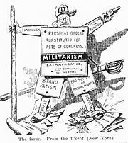 Democrats attack Roosevelt as militarist and ineffective in this 1904 election cartoon.