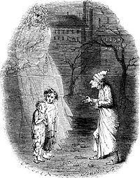 Ebenezer Scrooge encounters "Ignorance" and "Want" in A Christmas Carol.
