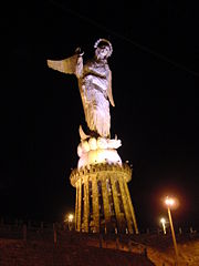 'La Virgen del Panecillo', located on the top of the Panecillo hill, at night.
