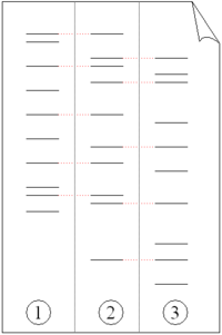 Figure 4: Electrophoresis of PCR-amplified DNA fragments. (1) Father. (2) Child. (3) Mother. The child has inherited some, but not all of the fingerprint of each of its parents, giving it a new, unique fingerprint.