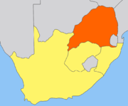 The geography of the region; the South African Republic (Transvaal) highlighted, with the Orange Free State to the south, the British Cape Colony to the south west and the Natal to the east