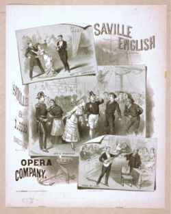 An early poster showing scenes from The Sorcerer, Pinafore, and Trial by Jury.