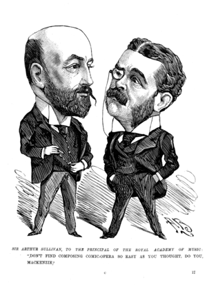 1897 cartoon relishing the irony of the failure of Mackenzie's His Majesty, after Mackenzie and his Academy had claimed that Sullivan was "wasting his talent" on comic operas.