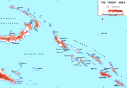 The Solomon Islands.  "The Slot" (New Georgia Sound) runs down the center of the islands, from Bougainville and the Shortlands (center) to Guadalcanal (lower right).
