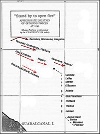 Position of Japanese and U.S. ships at 01:45 on November 13.  Both sides opened fire at 01:48 as the formations of the two adversaries intermingled and then quickly disintegrated into a confused free-for-all.