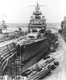 Portland undergoing repairs in dry dock in Sydney, Australia a month after the battle