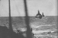 Kondo's bombardment force heads towards Guadalcanal during the day on November 14.  Photographed from heavy cruiser Atago, battleship Kirishima is in the center followed by heavy cruiser Takao.