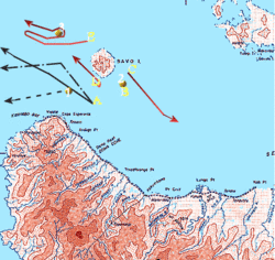 Second phase of the engagement, 23:30–02:00.  Red lines are Japanese warship forces and black lines are U.S. warships.  Numbered yellow dots represent sinking warships.