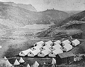 Photograph of an army camp at Balaklava during the Crimean War. Albumen silver print by "Robertson & Beato", 1855