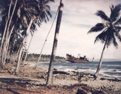 The wreck of one of the four Japanese transports beached and destroyed at Guadalcanal on November 15, 1942, photographed one year later.