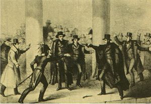 Richard Lawrence's attempt on Andrew Jackson's life, as depicted in an 1835 etching.