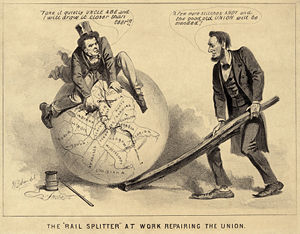 A political cartoon of Andrew Johnson and Abraham Lincoln, 1865.  The caption reads (Johnson): Take it quietly Uncle Abe and I will draw it closer than ever. (Lincoln): A few more stitches Andy and the good old Union will be mended.