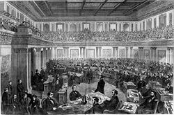 Theodore R. Davis' illustration of Johnson's  impeachment trial in the United States Senate, published in Harper's Weekly.