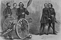The SituationA Harper's Weekly cartoon gives a humorous breakdown of "the situation". Secretary of War Edwin Stanton aims a cannon labeled "Congress" on the side at President Johnson and Lorenzo Thomas to show how Stanton was using congress to defeat the president and his unsuccessful replacement. He also holds a rammer marked "Tenure of Office Bill" and cannon balls on the floor are marked "Justice". Ulysses S. Grant and an unidentified man stand to Stanton's left.