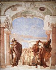 In The Rage of Achilles by Giovanni Battista Tiepolo (1757, Fresco, 300 x 300 cm, Villa Valmarana, Vicenza) Achilles is outraged that Agamemnon would threaten to seize his warprize, Briseis, and he draws his sword to kill Agamemnon. The sudden appearance of the goddess Minerva, who, in this fresco, has grabbed Achilles by the hair, prevents the act of violence.