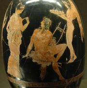 Aphrodite and Adonis, Attic red-figure aryballos-shaped lekythos by Aison (c. 410 BC, Louvre, Paris).