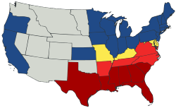 Status of the states, 1861.        States that seceded before April 15, 1861        States that seceded after April 15, 1861        Union states that permitted slavery        Union states that banned slavery        Territories