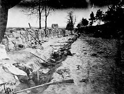 Confederate dead behind the stone wall of Marye's Heights, Fredericksburg, Virginia, killed during the Battle of Chancellorsville, May 1863
