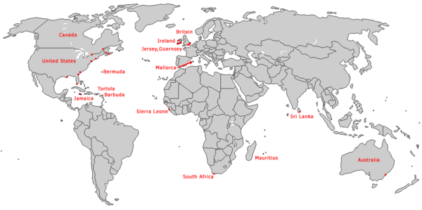 Distribution of Martello towers worldwide