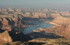 The section of Lake Powell near Dangling Rope Marina, looking southwest at sunrise.