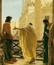 Ecce Homo (Behold the Man!), Antonio Ciseri, 19th c.: Pontius Pilate presents a scourged Jesus of Nazareth to onlookers: a very popular motif in Christian art.