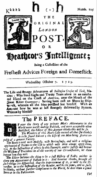 Daniel Defoe's Robinson Crusoe; title page of 1719 newspaper edition.