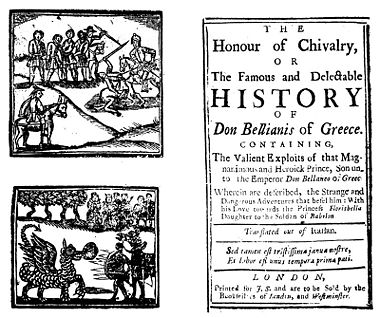 The cheap design of chapbooks: The Honour of Chivalry, first published in 1598; title page of an early eighteenth century edition.
