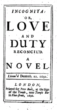The [...], or [...] formula promising an example; here, William Congreve's Incognita (1692) promising a reconciliation of love and duty.