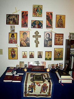 A fairly elaborate Orthodox Christian icon corner as would be found in a private home.