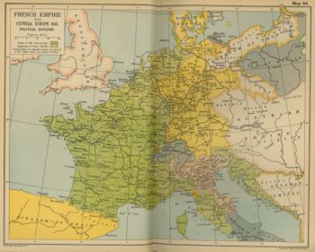 The French Empire in Europe in 1811, near its peak extent. Dark and light green areas indicate the French Empire and its territories; blue, pink and yellow areas indicate French client and satellite states