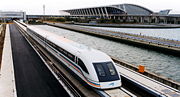 A maglev train coming out of the Pudong International Airport.